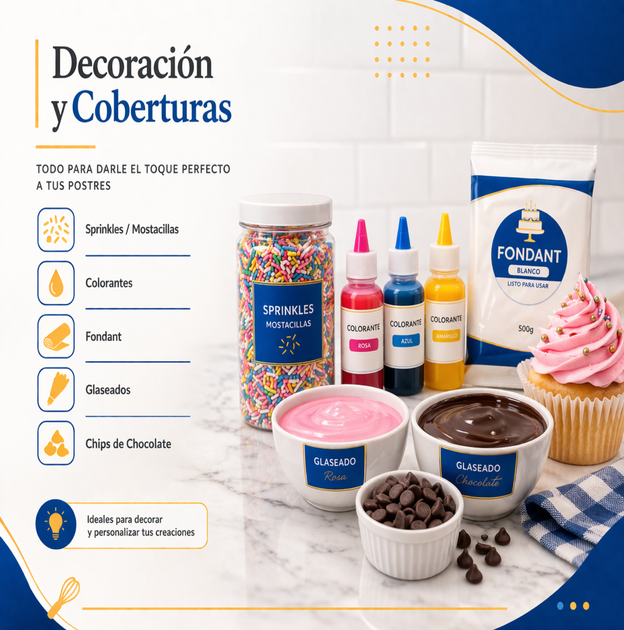 variedades de decoraciones y cobertura para repostería 