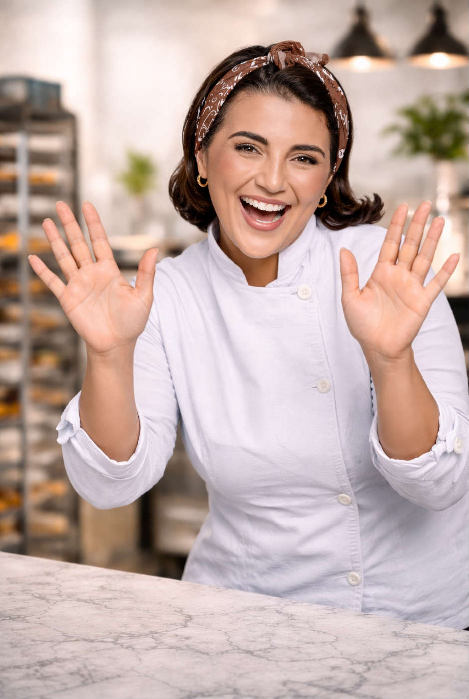 mujer repostera con las dos manos al frente